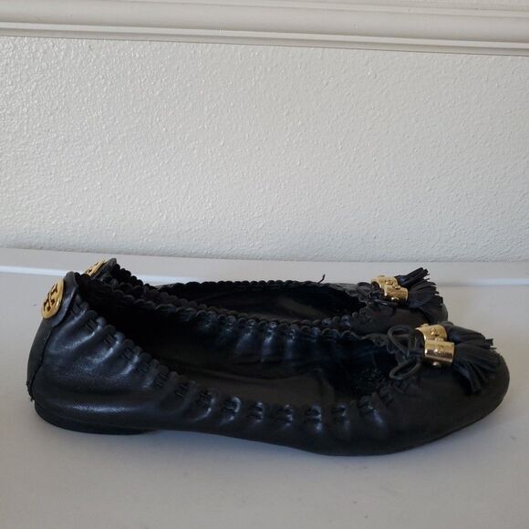 Tory Burch Reese Flat Mestico Black Leather Flat Ballet Tassels Shoes Size 8 /39 - Picture 3 of 15
